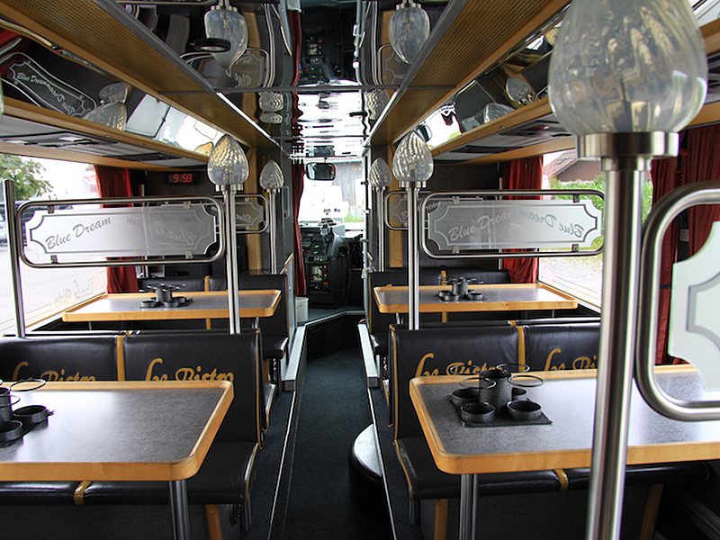 Downstairs the double deck bistro bus